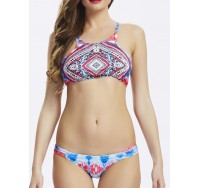 Women Sexy High Neck Geometry Printed Hollow Out Back Padded Bikini Set Beachwear