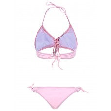 Women Sexy Pink Criss Cross Belt Wireless Bikini Halter Lace-Up Solid Color Swimwear