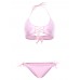 Women Sexy Pink Criss Cross Belt Wireless Bikini Halter Lace-Up Solid Color Swimwear