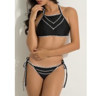 Women Sexy High Neck Halter Bandage Geometry Printed Hollow Out Bikini Set Beachwear