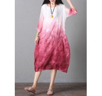 Retro Brand Gradient Dye Print Dress Color Embroidery Half Sleeve Linen Dress