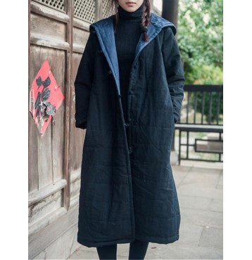 Vintage Women Solid Color Long Sleeve Hooded Cotton Long Coat