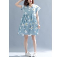 Vintage Floral Print V-neck Flared Sleeves Pleated Dress M-5XL