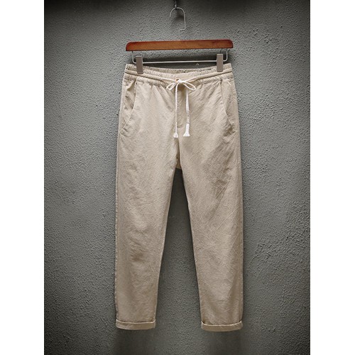 Women Linen Cotton Elastic Drawstring Waist Pockets Pants