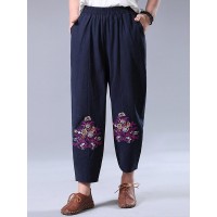 Vintage Women Embroidery High Elastic Waist Pants