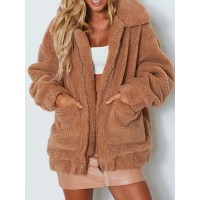 Casual Women Pure Color Lapel Fleece Zipper Coats with Pockets