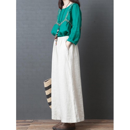 Women Casual Cotton Linen Pure Color Elastic Waist Pants with Pockets