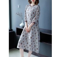 Women Elegant Floral Print Crew Neck Three Quarter Sleeve Dress