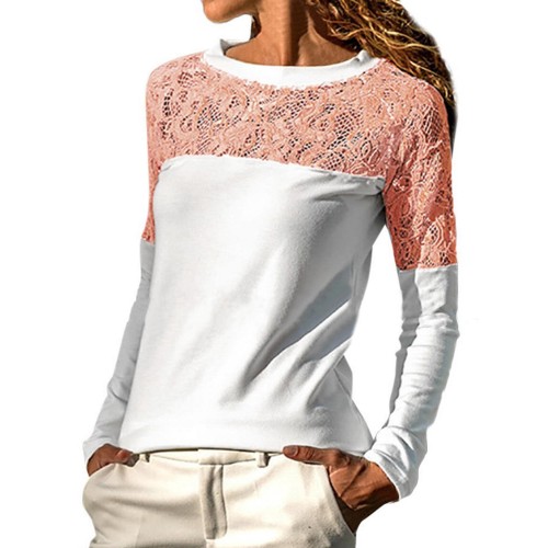 S-5XL Women Lace Patchwork Hollow Out Crew Neck Long Sleeve Blouse