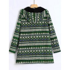 Kvinnor Cotton Print Hooded Zipper Jackor med fickor