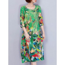 Women Elegant Art Print 3/4 Sleeve Loose Dress
