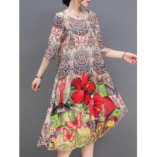 Women Elegant Floral Print Crew Neck Loose Dress
